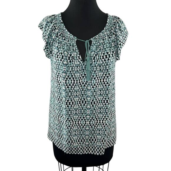 JOIE Blue Black Diamond Southwest Print Tassel Tie Neck Flutter Sleeve Blouse S - Picture 1 of 7